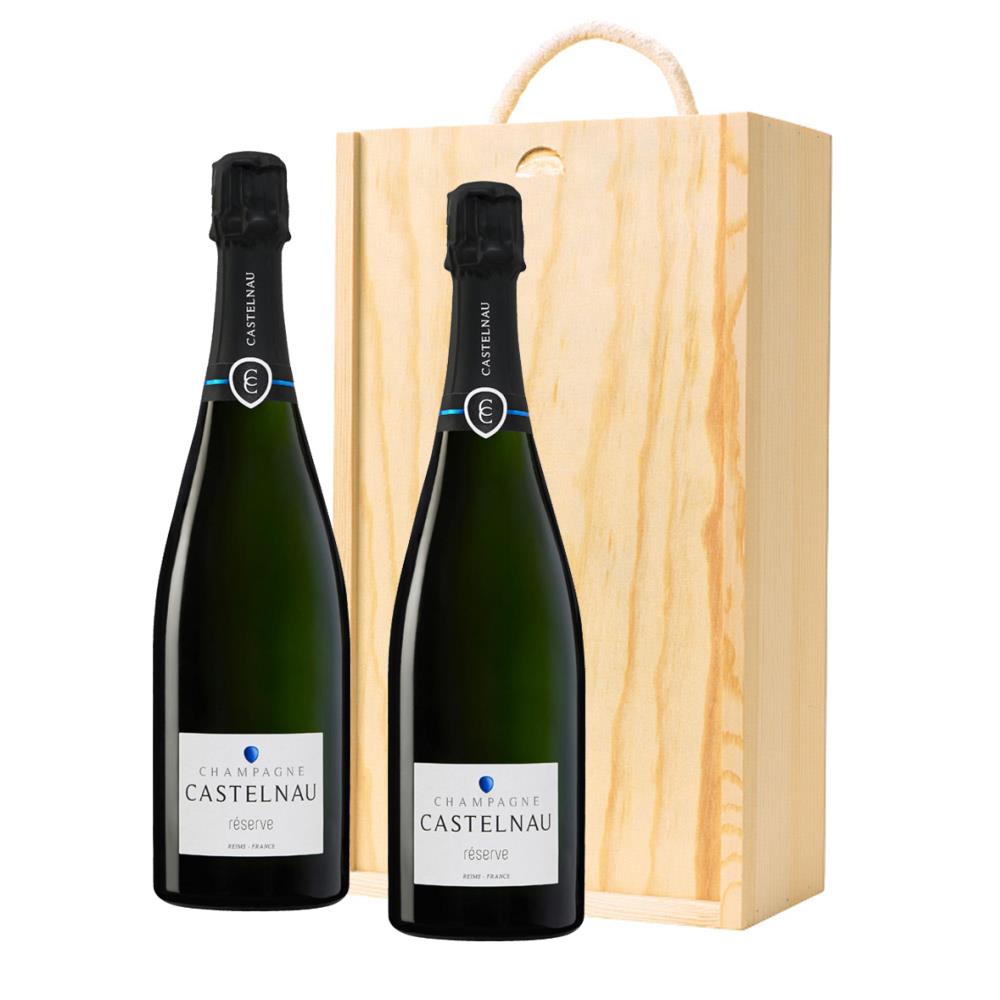 Castelnau Brut Reserve Champagne 75cl Twin Pine Wooden Gift Box (2x75cl)